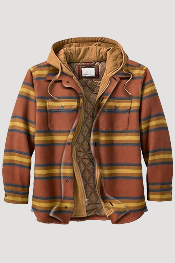 Prendas de abrigo de cuello con capucha y hebilla de bolsillo a rayas casuales de moda marrón amarillo