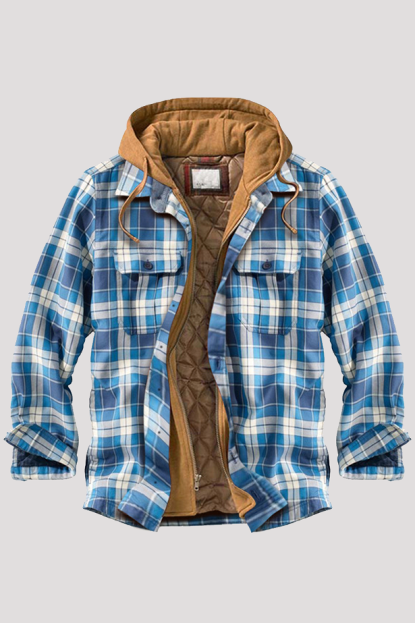 Blue Fashion Casual Plaid Patchwork Pocket Hooded Collar Outerwear