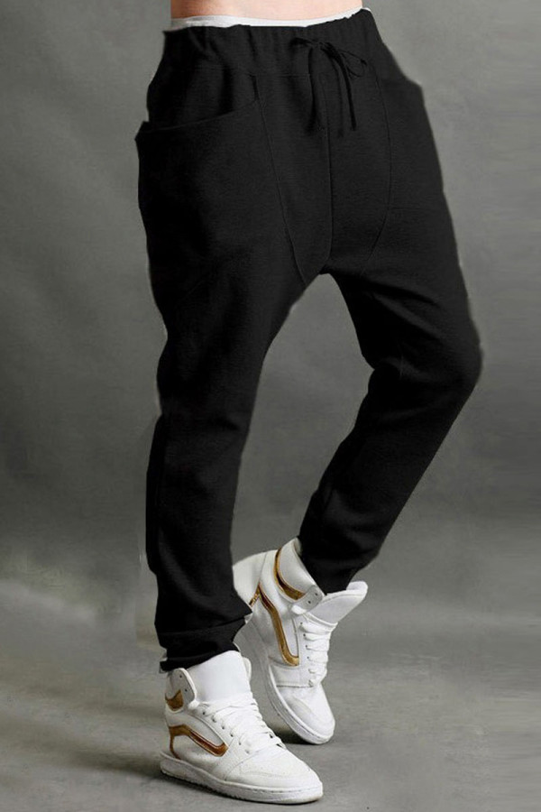Schwarze, lässige, einfarbige Harlan-Hose mit Patchwork-Tasche und mittlerer Taille