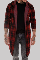 Red Fashion Casual Plaid Patchwork Hooded Collar Outerwear