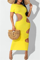 Yellow Fashion Sexy Solid Hollowed Out O Neck Short Sleeve Dress