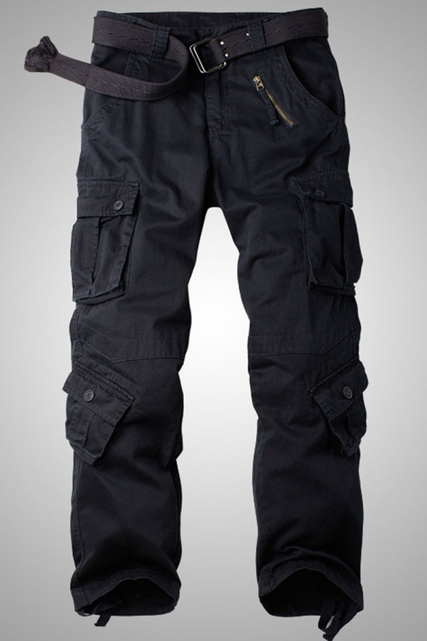 Pantalones casuales de color liso con bolsillo de patchwork liso recto negro