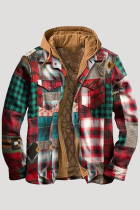 Red Green Fashion Casual Plaid Patchwork Pocket Hooded Collar Outerwear