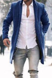 Navy Blue Fashion Solid Pocket Buckle Turndown Collar Outerwear