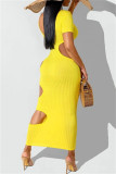 Vestido amarelo fashion sexy sólido vazado com gola redonda manga curta