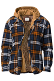 Color Blue Casual Plaid Draw String Zipper Hooded Collar Outerwear
