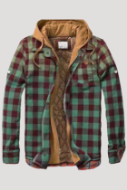 Prendas de abrigo con cuello con capucha y patchwork a cuadros casuales de moda verde