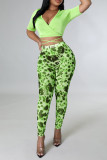 Green Sexy Print Leopard Patchwork V Neck Short Sleeve Two Pieces