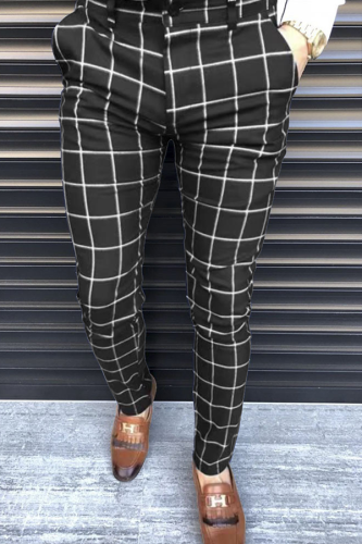 Pantaloni a vita bassa con stampa intera a matita a vita media scozzese da lavoro alla moda nera