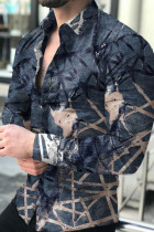 Black Gray Fashion Casual Print Patchwork Buckle Turndown Collar Tops
