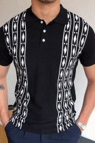 Zwarte mode casual print patchwork kraag tops