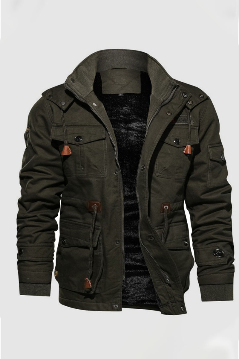 

Green Casual Solid Split Joint Pocket Metal Accessories Decoration Zipper Hooded Collar Outerwear