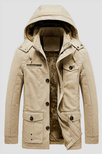 Prendas de abrigo de cuello con capucha y hebilla de bolsillo sólido informal caqui
