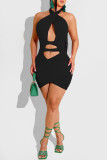 Black Fashion Sexy Solid Hollowed Out Backless Halter Sleeveless Dress Dresses