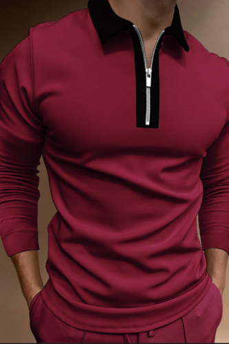Burgundy Fashion Casual Patchwork Contrast Zipper POLO collar Tops