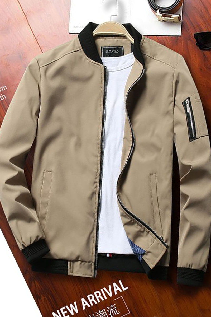 

Khaki Casual Solid Split Joint Zipper Mandarin Collar Outerwear