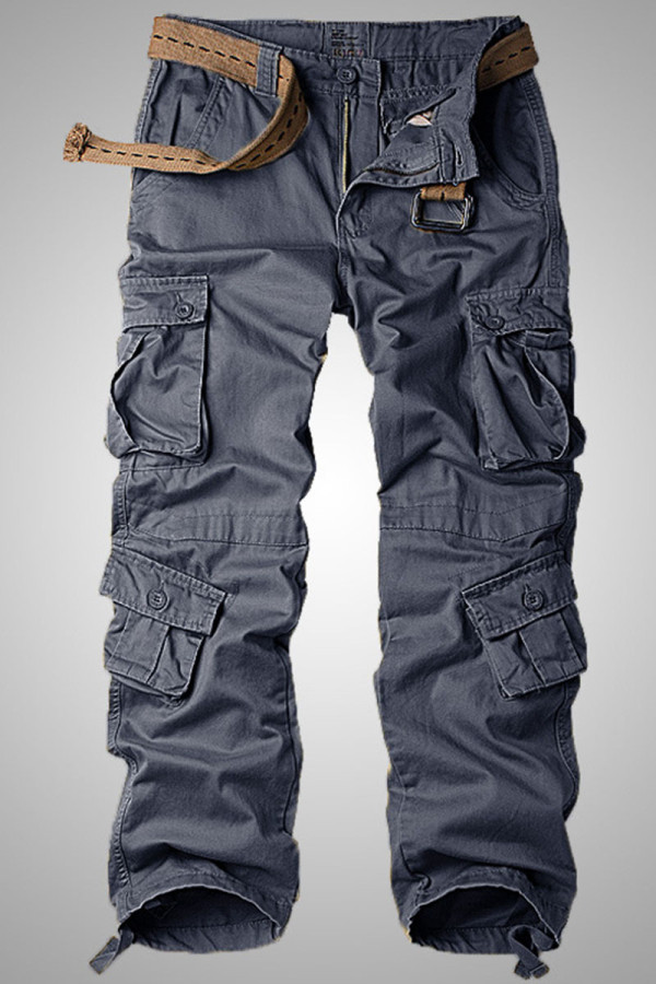 Pantalones casuales de color sólido liso con bolsillo de patchwork recto gris oscuro