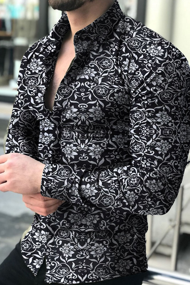 

Black Fashion Casual Print Split Joint Turndown Collar Tops