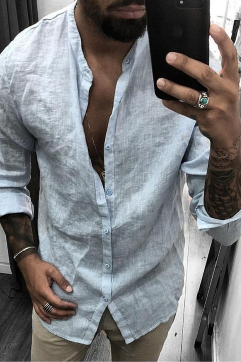 

Light Blue Fashion Casual Solid Basic Long Sleeve Men's Shirt