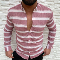 Red Casual Striped Print Patchwork Buckle Turndown Collar Tops
