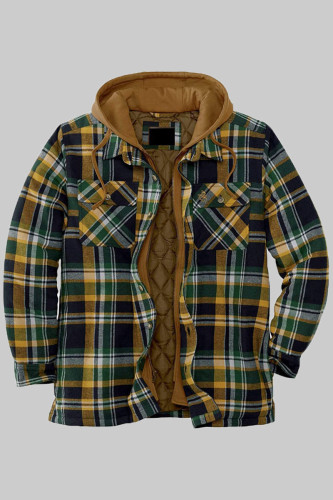 Green Fashion Casual Plaid Split Joint Hooded Collar Outerwear