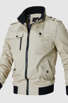 Cream White Casual Solid Embroidered Patchwork Pocket Zipper Mandarin Collar Outerwear