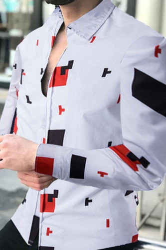 White Fashion Print Split Joint Buckle Turndown Collar Tops