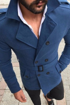 Prendas de abrigo con hebilla de bolsillo sólido informal de moda azul con cinturón y cuello vuelto