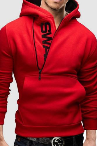 Red Casual Print Patchwork Zipper Hooded Collar Tops