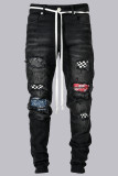 Black Fashion Street Patchwork Ripped Mid Waist Pencil Bottoms