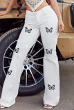 Weiße, modische, lässige, schmale Denim-Jeans mit hoher Taille und Schmetterlingsdruck