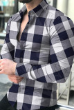 Pale Red Fashion Casual Plaid Print Patchwork Buckle Turndown Collar Tops