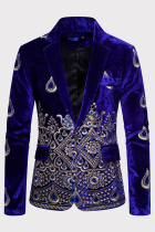 Vêtements d'extérieur à col rabattu avec boutons en patchwork brodés à la mode bleu royal