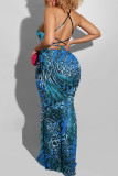 Blue Fashion Sexy Print Backless Cross Straps Spaghetti Strap Long Dress