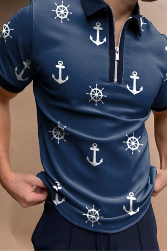 Navy Blue Casual Print Patchwork Zipper Turndown Collar Tops