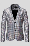Silver Fashion Street Plaid Bronzing Patchwork Buckle Turn-back Collar Outerwear