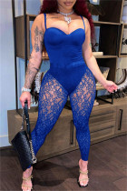 Синий сексуальный однотонный лоскутное прозрачное платье без рукавов с открытой спиной на тонких бретелях из двух частей