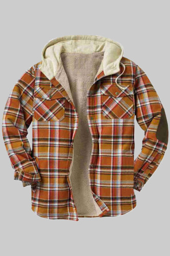 Orange Fashion Casual Plaid Split Joint Hooded Collar Outerwear