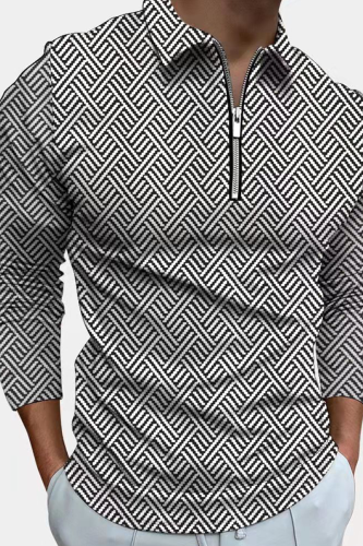 Black Fashion Casual Print Patchwork Zipper POLO collar Tops