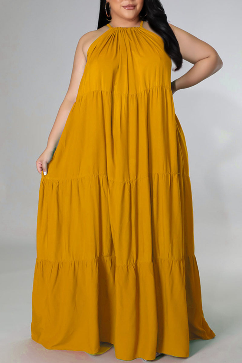 

Yellow Sexy Solid Split Joint Spaghetti Strap Straight Plus Size Dresses