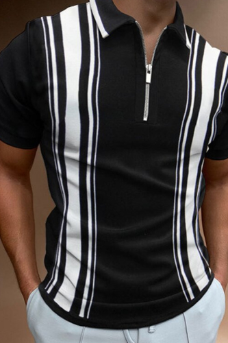 Black Fashion Striped Contrast Zipper POLO collar Tops
