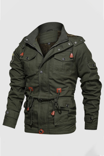 Army Green Casual Sportswear Solid Patchwork Draw String Pocket Zipper Hooded Collar Outerwear