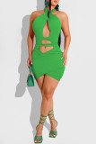 Vestidos de vestido sem mangas sexy moda verde sólido vazado sem costas sem mangas