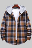 Coffee Fashion Casual Plaid Patchwork Hooded Collar Outerwear