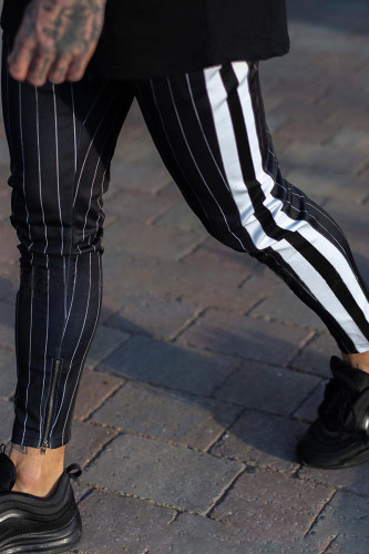 Black Fashion Casual Striped Patchwork Mid Waist Pencil Bottoms