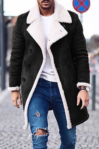 Ropa de abrigo con cuello vuelto en contraste con hebilla de bolsillo de patchwork casual de moda negro