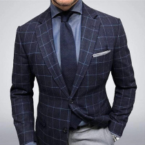 Blauwe mode casual geruite patchwork gesp met omslagkraag bovenkleding