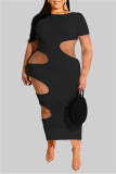 Schwarze Mode Sexy Solide Ausgehöhltes Kurzarmkleid mit O-Ausschnitt