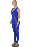 Blue Fashion Sexy Patchwork See-through V Neck Skinny Jumpsuits