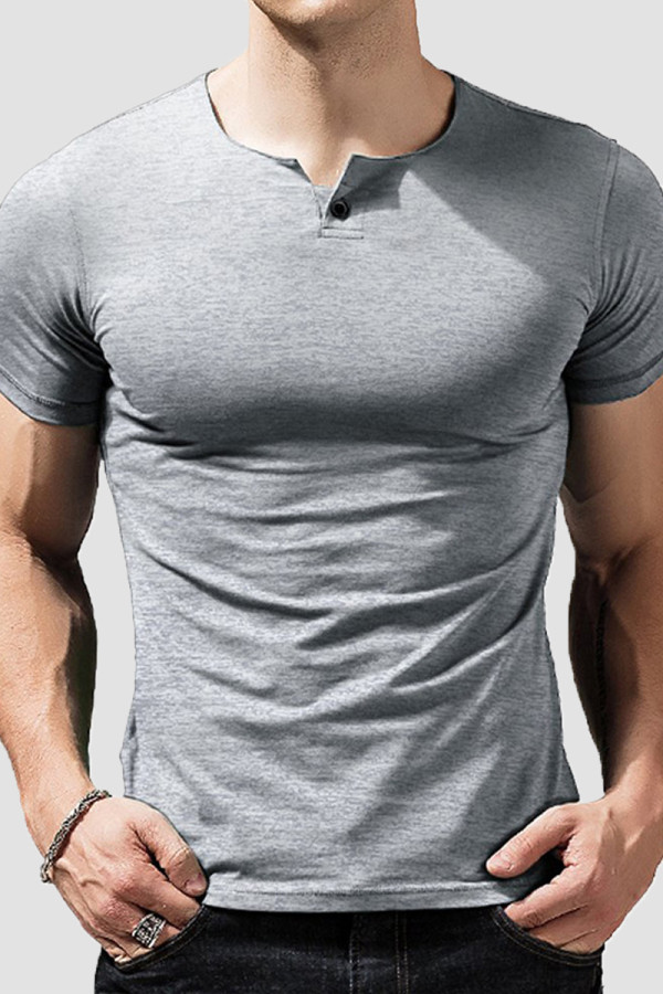Camiseta masculina cinza claro moda casual sólida básica com gola O